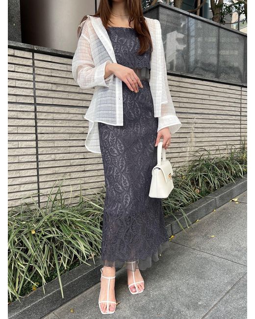 SNIDEL Blue Scalloped Hem Floral Lace Midi Skirt