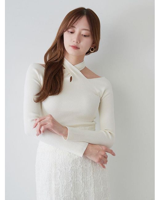 SNIDEL White Front Cross Knit Pullover