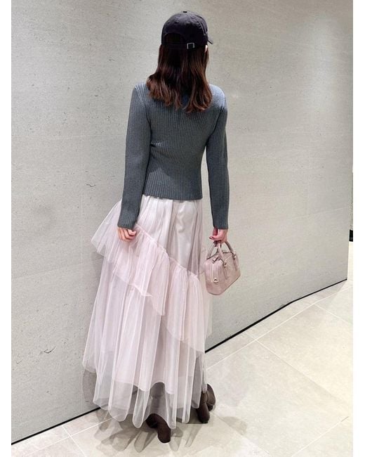 SNIDEL Gray Polo Knit Set With Tulle Midi Skirt