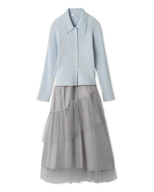 SNIDEL Gray Polo Knit Set With Tulle Midi Skirt
