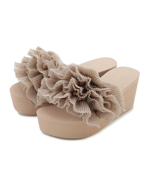 SNIDEL Natural Platform Wedge Sandals With Pleated Ruffle Straps