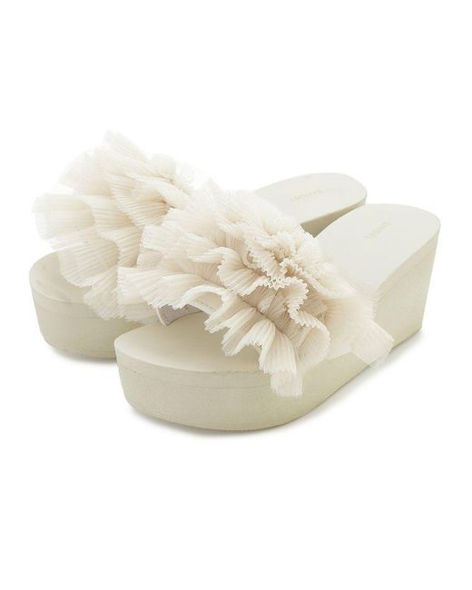 SNIDEL Natural Platform Wedge Sandals With Pleated Ruffle Straps
