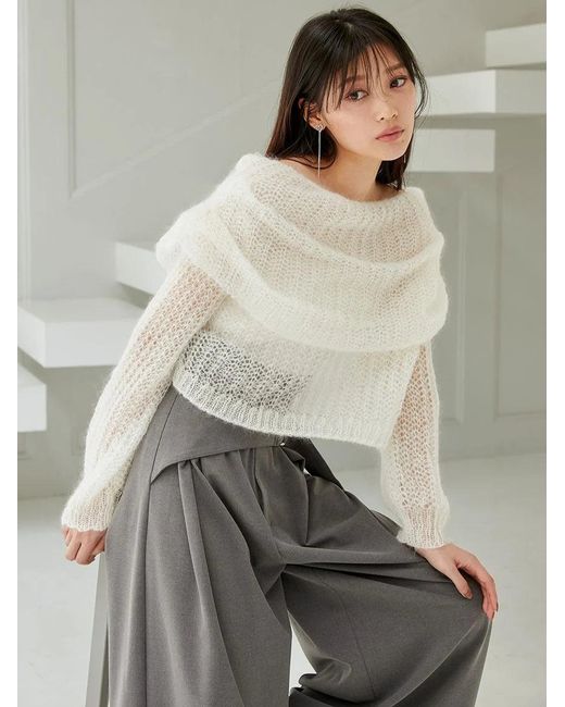 SNIDEL Black Mohair Sheer Off-Shoulder Pullover
