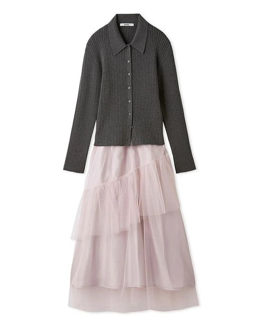 SNIDEL Gray Polo Knit Set With Tulle Midi Skirt