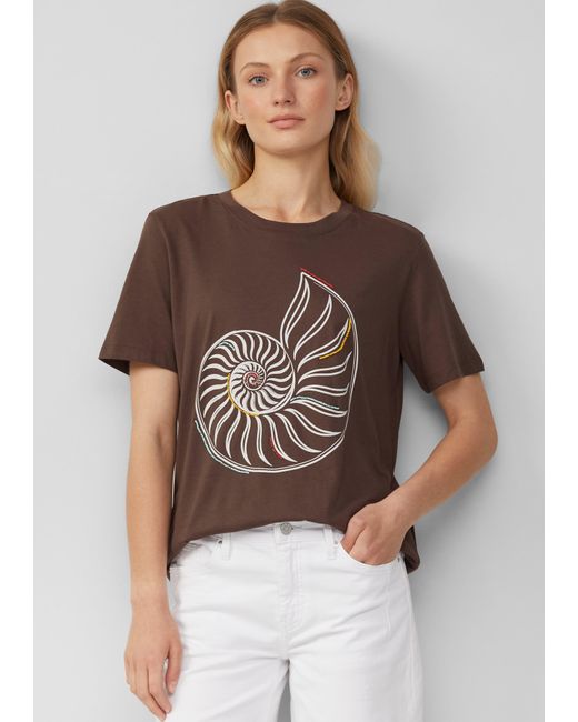 S.oliver Brown Jersey-T-Shirt mit Frontprint und Schmuckperlen