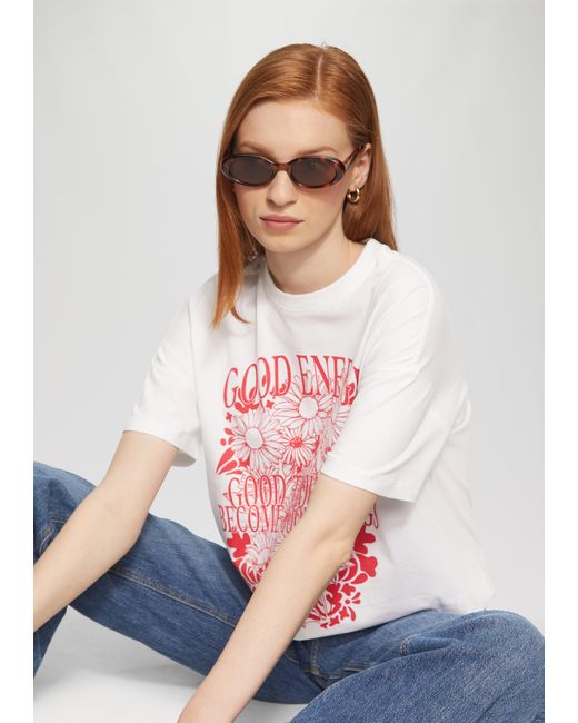 QS White Baumwollshirt mit Frontprint und überschnittener Schulter