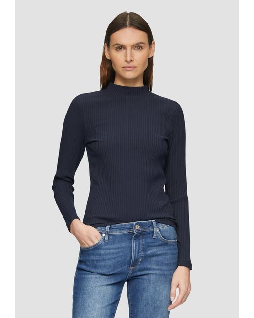 S.oliver Blue Langarmshirt mit Rippstruktur und Stehkragen