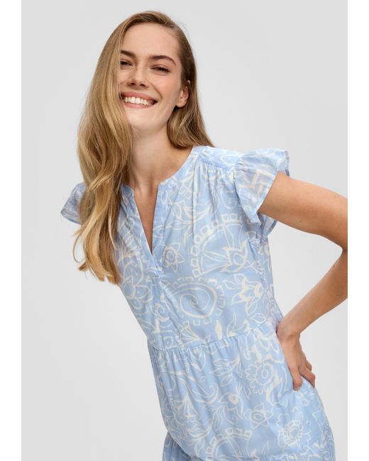 S.oliver Blue Gemustertes Midikleid mit Raffung und Eingrifftaschen