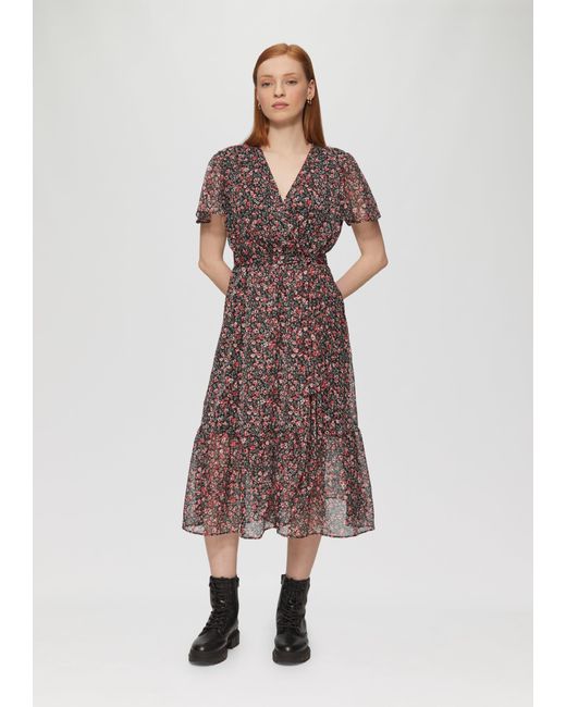 QS Brown Chiffonkleid in Wickeloptik mit All-over-Print