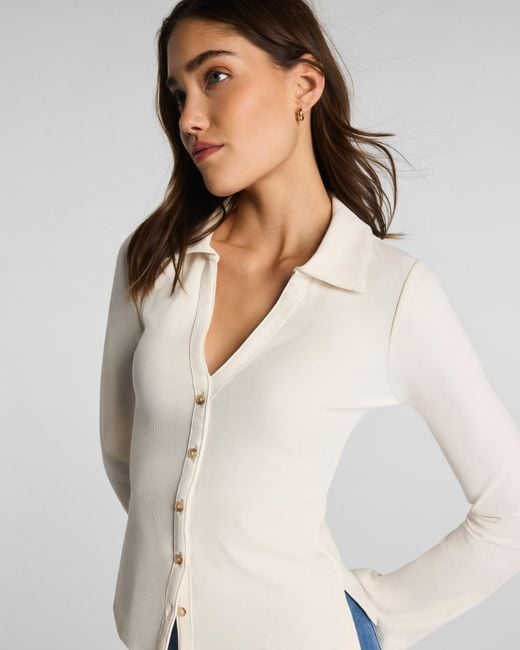 Spanx White Ribbed Knit Button Down