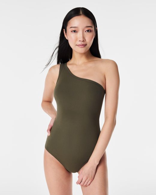 Spanx Green Suit Yourself Ribbed One Shoulder Bodysuit