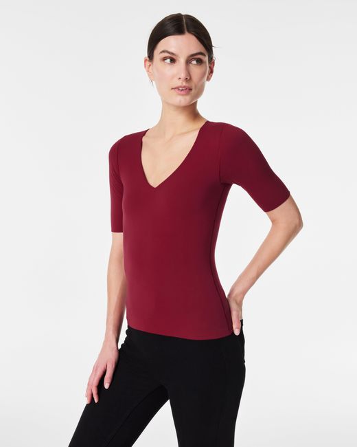 Spanx Red Fit-to-you V-neck Elbow-sleeve Tee