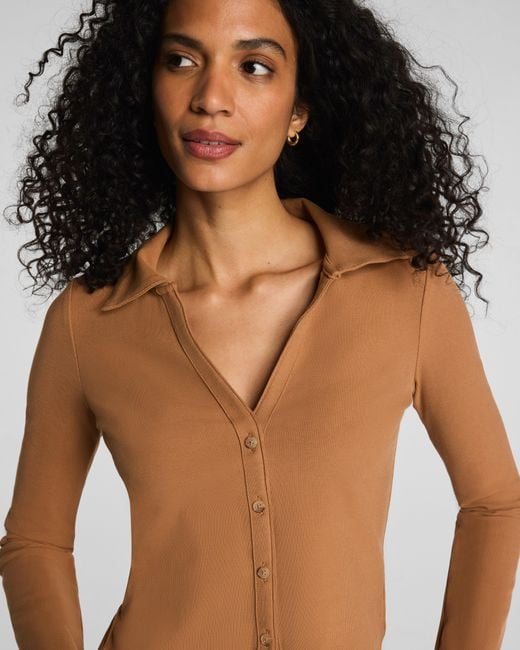 Spanx Blue Ribbed Knit Button Down