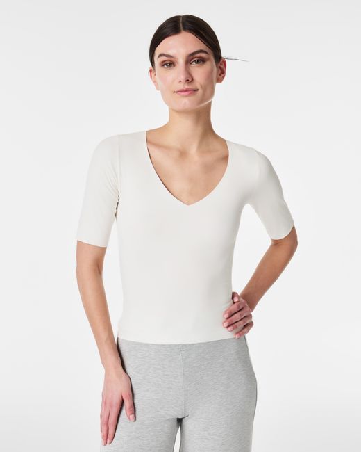 Spanx White Fit-to-you V-neck Elbow-sleeve Tee