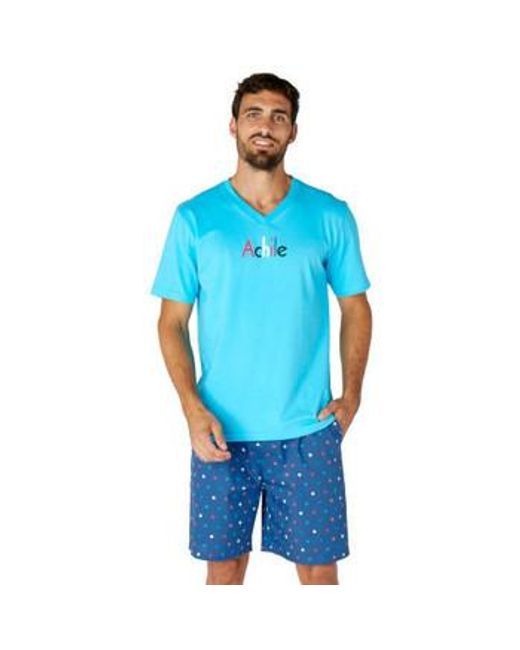 Pyjamas / Chemises de nuit Pyjama court en pur coton STARS Achile pour homme en coloris Blue