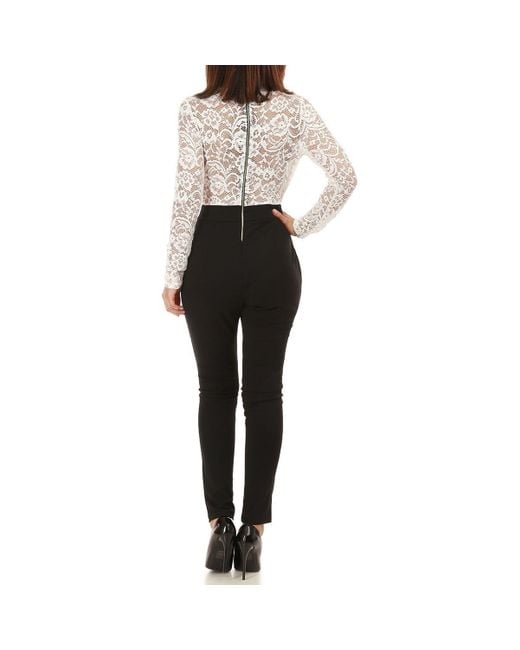Combinaison Noire A Dentelle Blanche Et Col V Combinaisons La Modeuse En Coloris Blanc Lyst