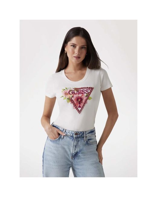 T-shirt Ss Cn Triangle Beads Tee Guess en coloris White