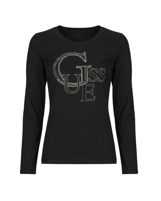 T-Shirts A Maniche Lunghe Ls Rn Studded Logo Tee di Guess in Black