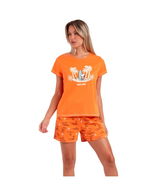 Admas Pyjama's Nachthemden Pyjamashort T-Shirt Peanuts Summer Beagle in het Orange