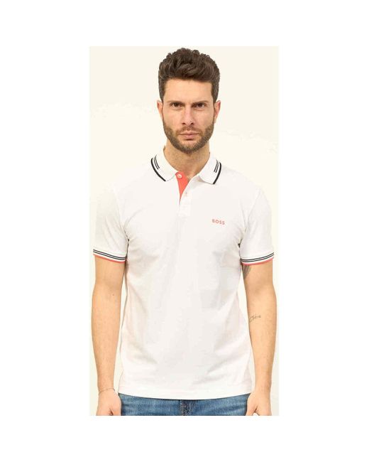 T-shirt Polo coupe slim à rayures contrastées Boss pour homme en coloris White