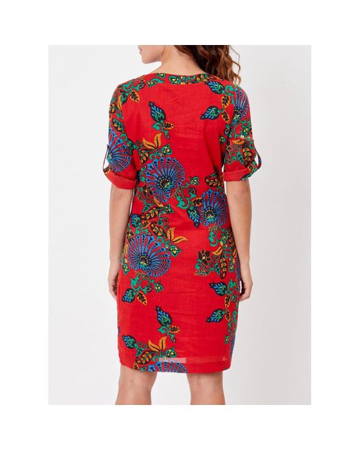 Robe courte Robe col tunisien voile de coton bio imprimée CAMILA La Fiancee Du Mekong en coloris Red