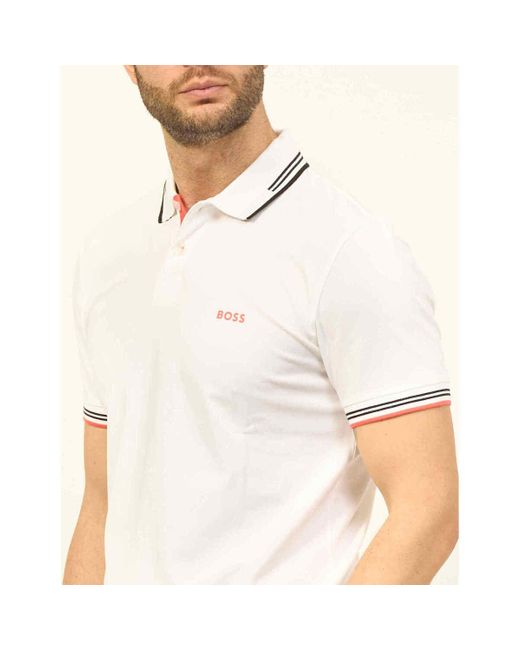 T-shirt Polo coupe slim à rayures contrastées Boss pour homme en coloris White