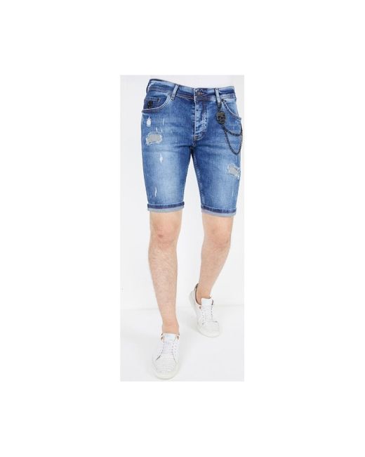 Blauwe Korte Broek met Subtiele Verfspetters — FINESTDENIM.COM