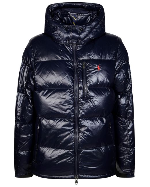 Polo Ralph Lauren Blue Shiny Quilted Bomber Jacket With Hood for men