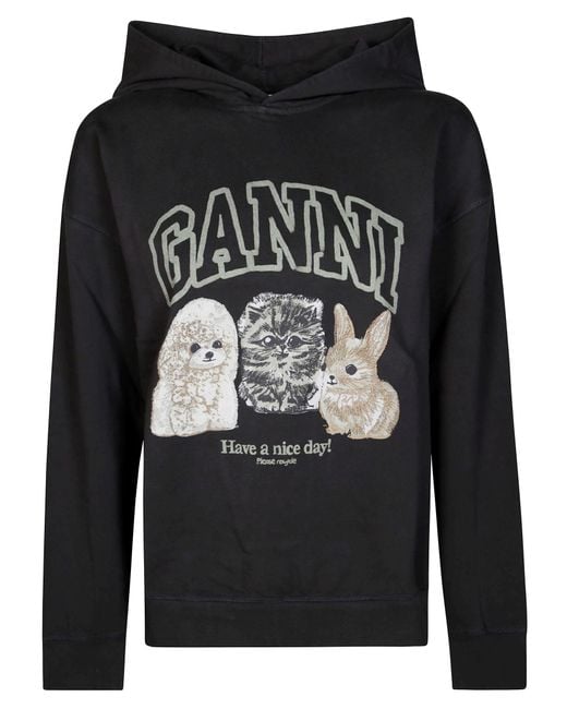 Ganni Black Isoli Oversize Animals Crop Hoodie