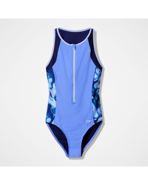 Speedo Blue Modern Coverage Printed Zip Swimsuit
