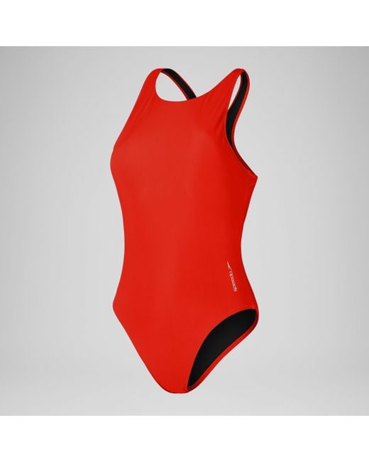 Speedo Red Solid Scoop Mesh One Piece