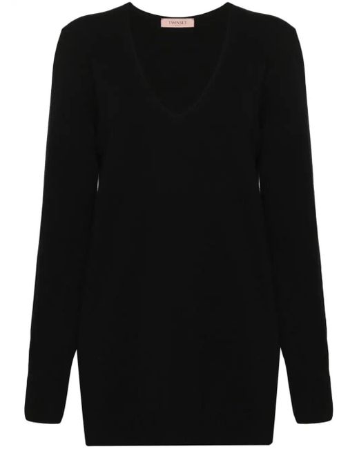 Twin Set Black `Oval T` Maxi V-Neck Sweater