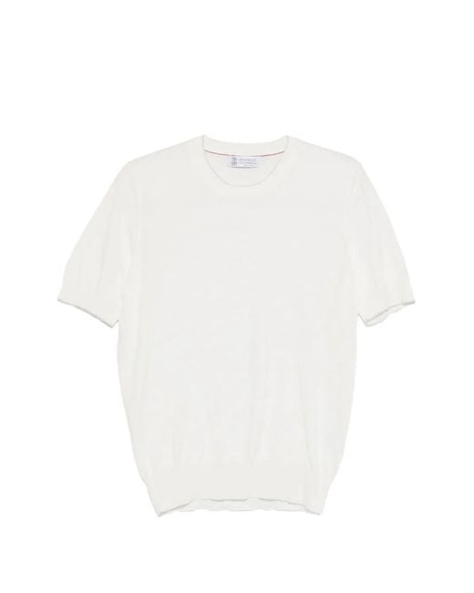 Brunello Cucinelli White Cotton Lightweight Knit T-Shirt With Contrast Details for men