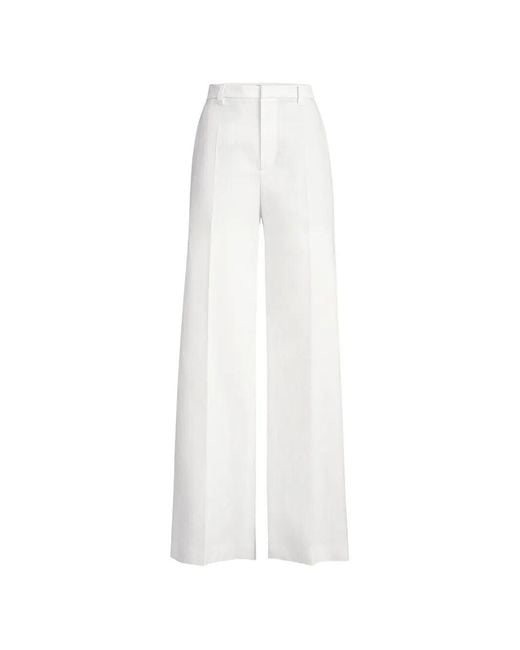 Brunello Cucinelli White Cotton And Paper Yarn Diagonal Loose Flared Trousers With Monili