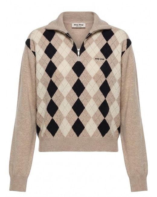 Miu Miu Natural Argyle Polo-Neck Sweater
