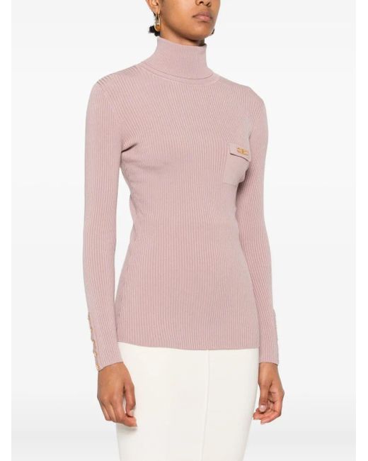 Elisabetta Franchi Pink Ribbed Turtleneck Pocket Sweater