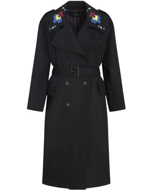 Etro Black Floral-embroidery Double-breasted Coat