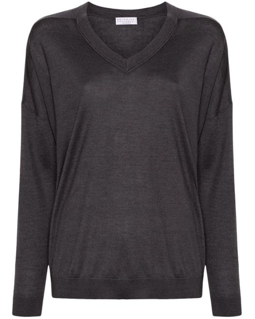 Brunello Cucinelli Black Cashmere And Silk Blend V-necked Sweater