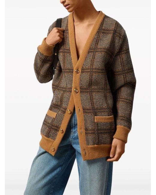 Gucci Brown Reversible Checked Wool Cardigan