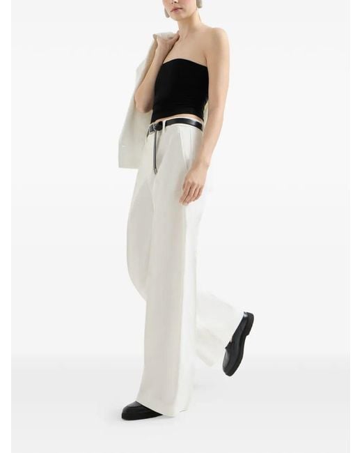 Brunello Cucinelli White Cotton And Paper Yarn Diagonal Loose Flared Trousers With Monili