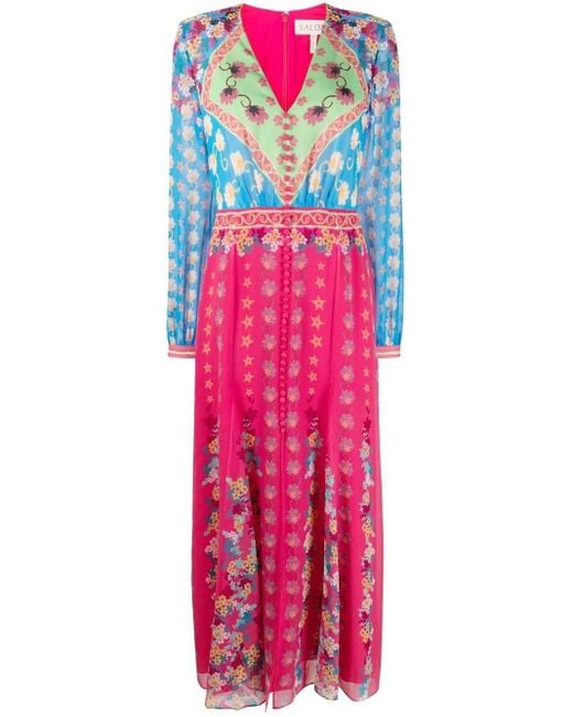Saloni Annabel Printed Silk Maxi Dress in Pink | Lyst