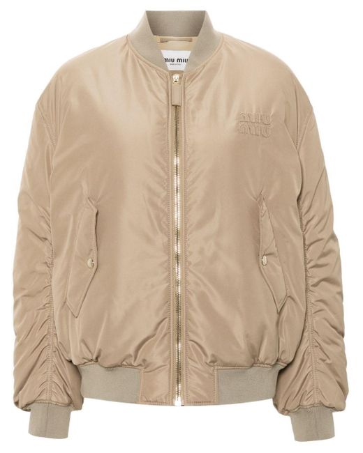 MiuMiu★BLOUSON LOGO Miu Miu Beige Logo-embroidery Bomber Jacket | ModeSens