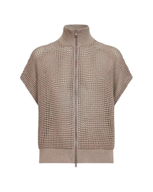 Brunello Cucinelli Gray Net Knit Cardigan With Dazzling Details