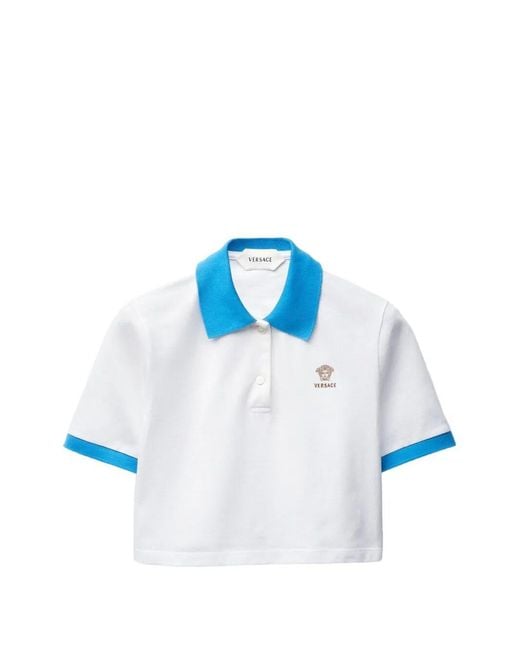Versace Blue Contrast Collar Cropped Polo Shirt