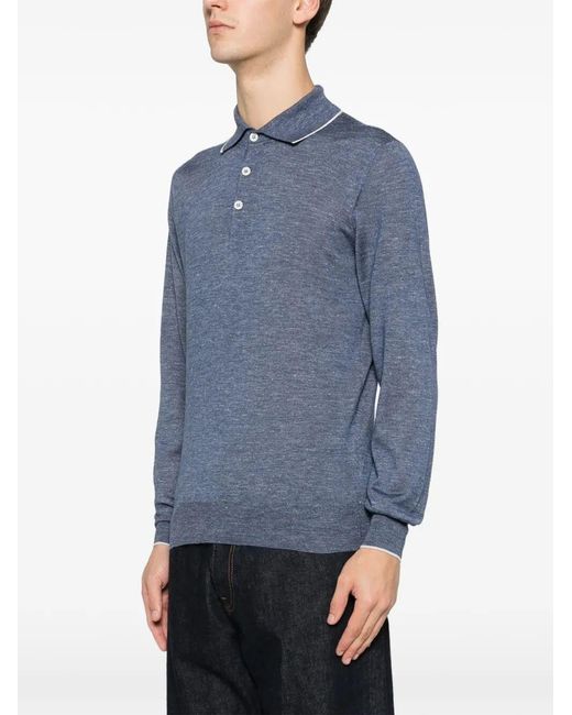 Brunello Cucinelli Blue Long Sleeve Polo for men