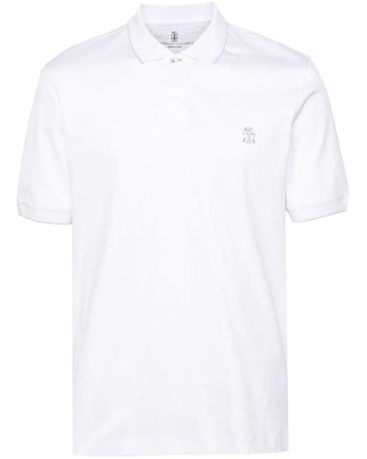 Brunello Cucinelli White Logo Cotton Polo Shirt for men