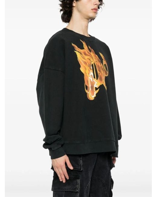 `Burning Monogram` Crew-Neck Sweatshirt di Palm Angels in Black da Uomo