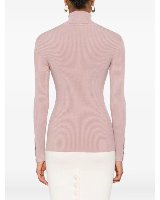 Elisabetta Franchi Pink Ribbed Turtleneck Pocket Sweater