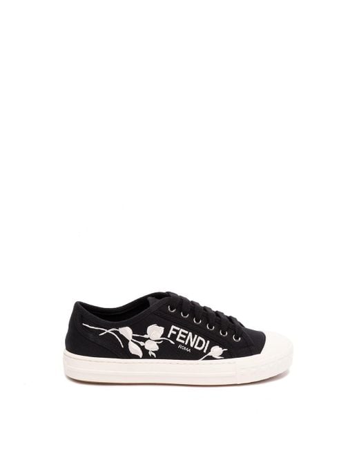 Fendi White `domino` Embroidered Rose With Logo Canvas Sneakers