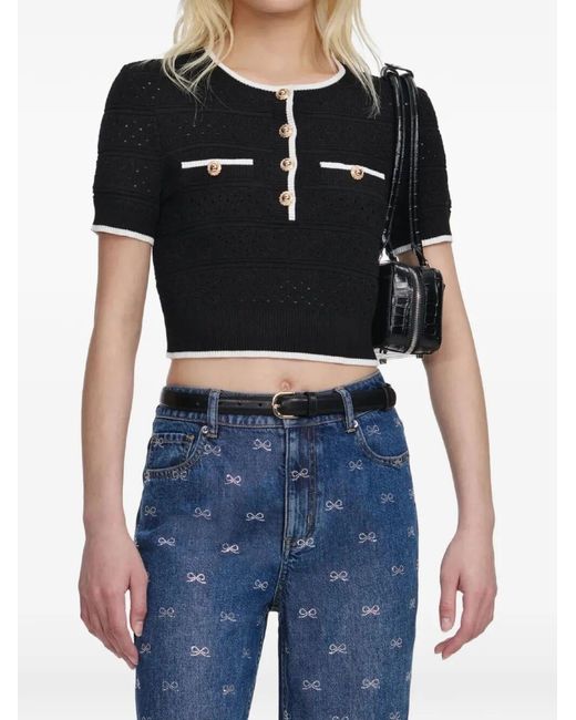 Self-Portrait Black Pointelle Knit Top